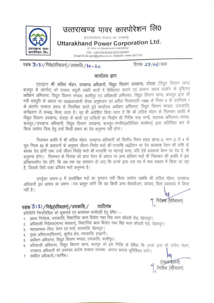 UPCL ने ललित मोहन को किया ससपेंड, ये बनी वजह…